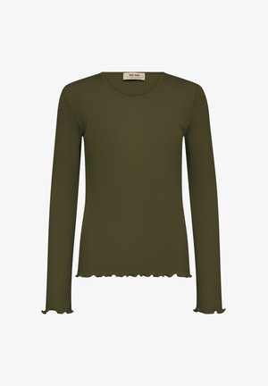 Olijfgroene lange mouwtop met geribbeld patroon en golvende zoom. Heeft een ronde halslijn en een aansluitende pasvorm.