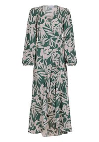 Zielona i beżowa sukienka w kwiaty, zapinana na wstążkę, z długimi rękawami, dekoltem w serek i zwiewnym dołem, ozdobiona wzorami liści i kwiatów.