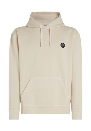 Beige hoodie van zacht materiaal, met een grote voorzak, een trekkoordcapuchon en een klein zwart logo-accent op de borst.