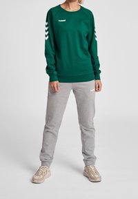 Zielona bluza z białym logo i wzorem w zygzak na rękawach, zestawiona z szarymi spodniami dresowymi. Obuwie w jasnym beżowym kolorze.