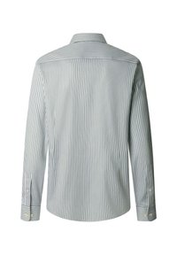 Herrenlangarmhemd mit vertikalen hellgrauen und weißen Streifen, knöpfbaren Manschetten und klassischem Kragen, von hinten gezeigt.