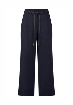 Navy wide-leg pants with high waist, belt loops, and a thin dark brown tie belt with wooden tips.