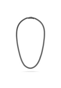 Zwarte metalen ketting met een glad, rond ontwerp en onderling verbonden schakel. Voorzien van een veilige sluiting om te bevestigen.