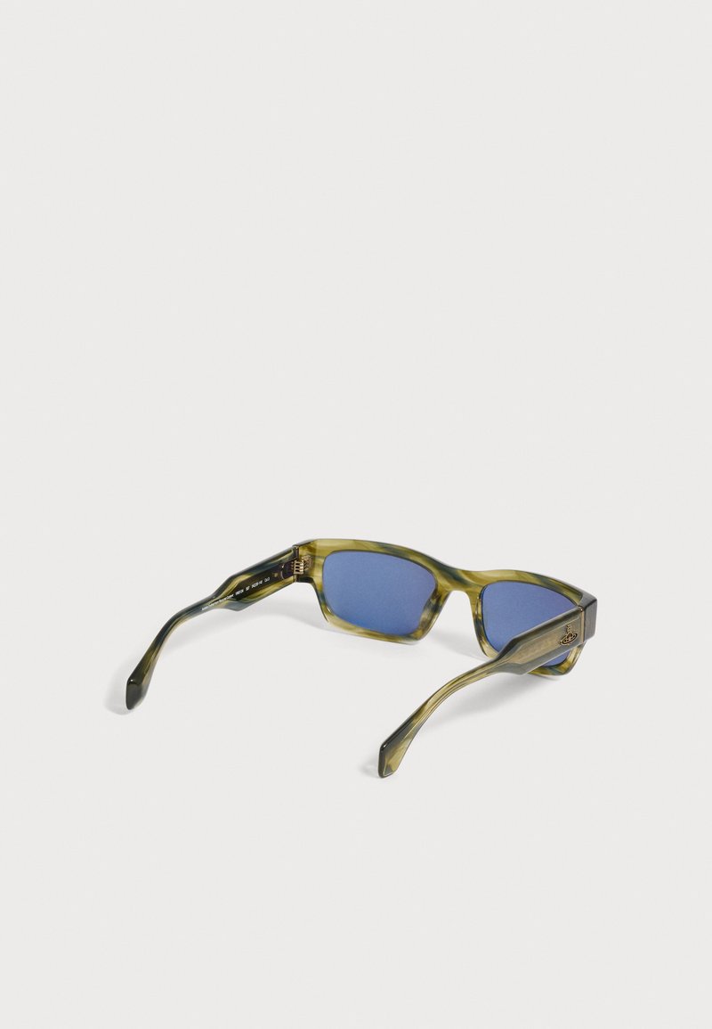 Rectangular sunglasses with greenish translucent frames and blue lenses, shown from the back on a neutral background.