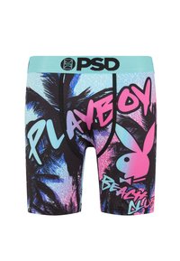 Boxers noirs avec une ceinture légère bleu clair portant le logo "PSD". Design graphique de feuilles de palmier en rose et bleu avec le texte "PLAYBOY BEACH CLUB".