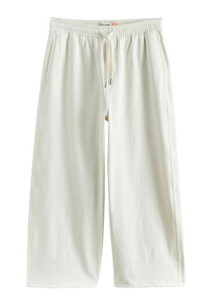 Hvide bukser med brede ben, der er kortere i længden, med elastisk talje og bindebånd, med sidelommer og en afslappet pasform.