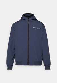 Navy blue lightweight hooded jacket made of a smooth, water-resistant material. Features a front zipper, elastic cuffs, and a small logo on the chest.