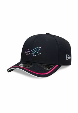 Black baseball cap with a shiny blue and white "4" logo, pink accent along the brim, and mesh texture on the underside of the visor.
