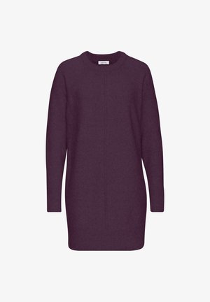 Robe pull en tricot violet avec un col rond, des manches longues, des poignets et un ourlet côtelés, arborant un détail de couture central. Texture douce.