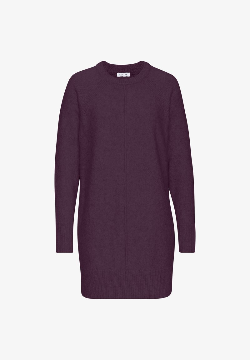 Lila gestricktes Sweaterkleid mit rundem Halsausschnitt, langen Ärmeln, gerippten Bündchen und Saum, mit einer zentralen Nahtdetails. Weiche Textur.