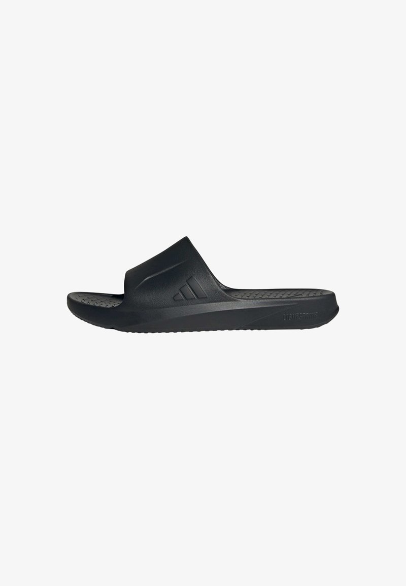 Black slide sandal with a simple design, made of lightweight material. Features a wide strap and textured footbed for grip.