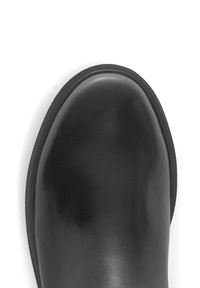 Black leather boot with a rounded toe, smooth texture, and a subtle shine. Features a solid color and a sturdy sole for durability.