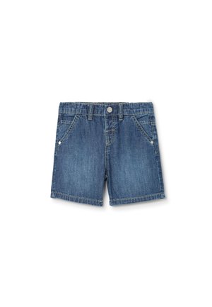 Shorts en denim bleu foncé avec une taille, un design à cinq poches et des détails cousus. Texture lisse et jambe droite.