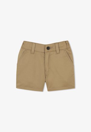 Tan shorts made of lightweight fabric, featuring a mid-rise waist, front pockets, a black button closure, and belt loops.