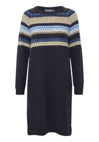 Robe pull tricotée de couleur bleu marine foncé avec des motifs géométriques en bleu clair, crème et marron. Poignets et encolure à côtes épaisses.