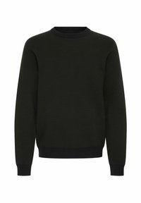 Maglione in maglia verde scuro con collo a giro, polsini e bordo a costine. La texture è liscia con un motivo sottile su tutta la superficie.