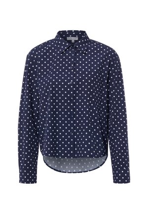 Chemise bleu marine à boutons avec des pois blancs, manches longues, col pointu et un ourlet légèrement incurvé.