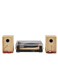 Record player with wooden base, clear plastic cover, and two matching wooden speakers. Black audio controls on front, red wires visible.