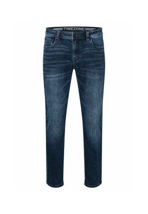Dunkelblaue Jeans aus Denim mit geradem Schnitt, ausgestattet mit Fronttaschen, einem Knopfverschluss und einem Taillenlabel mit der Aufschrift "TIMEZONE."