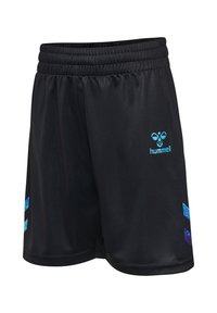 Schwarze Sportshorts mit elastischem Bund, blauem Hummel-Logo am linken Oberschenkel und blauen geometrischen Akzenten an den Seiten.