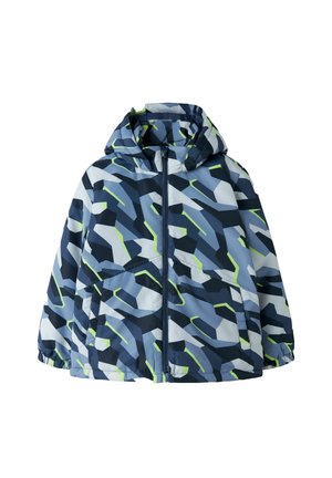 Veste à capuche pour enfant avec fermeture zippée à l’avant, poignets élastiqués et motif géométrique bleu, gris, noir et vert citron.