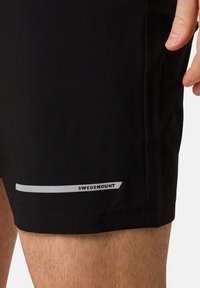 Svarta träningsshorts i lättviktigt material, med en silverfärgad logotyp "SWEDEMOUNT" nederst och en slät, ren design.