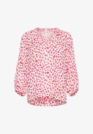 Rózsaszín leopárdmintás blúz harangujjakkal, V-kivágással és könnyű, texturált anyagból. A szegély hátul hosszabb.