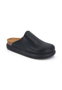 Black leather clog with a smooth finish, contoured shape, and cork insole, featuring a rounded toe and a textured black rubber sole.