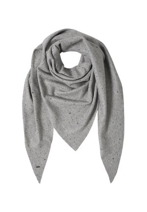 Écharpe grise en tissu doux, présentant une forme triangulaire, une texture à petits points subtils et un design drapé.