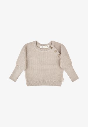 Beige gestrickter Babysweater mit langen Ärmeln, drei Holzknöpfen an der Schulter, gerippten Bündchen und Saum, Größenetikett 56 sichtbar.