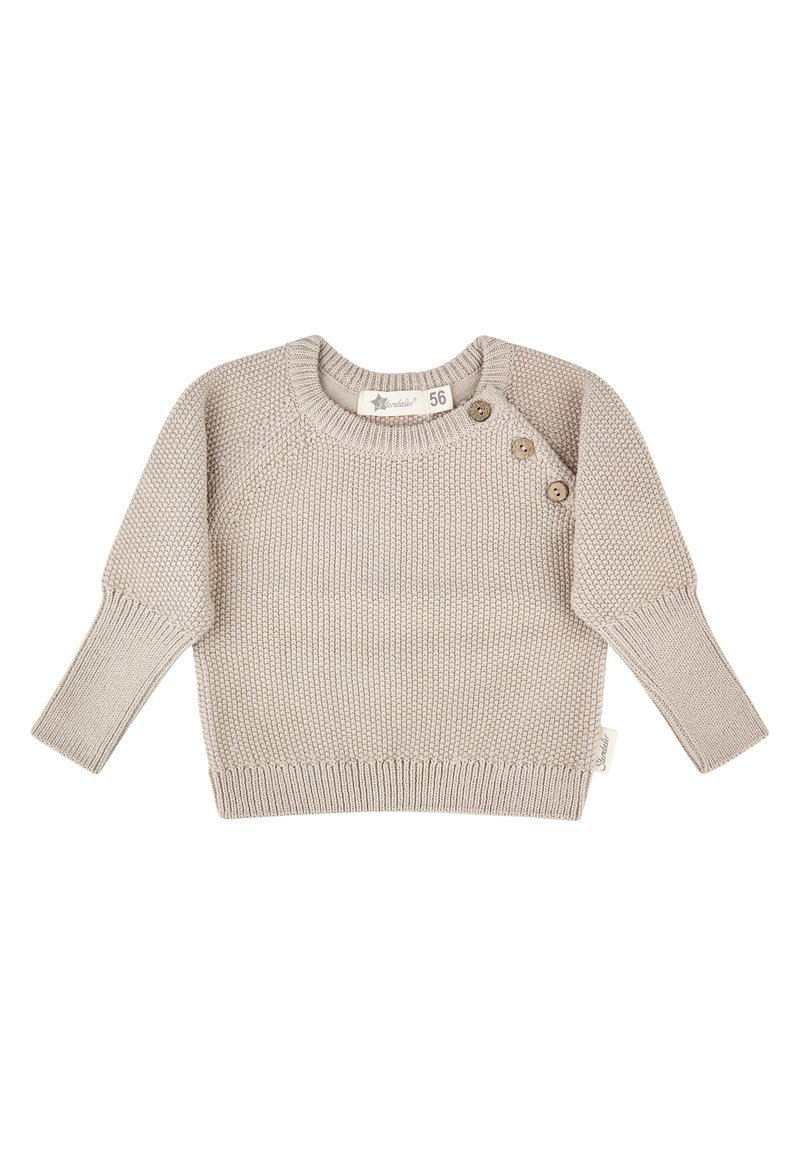Beige gestrickter Babysweater mit langen Ärmeln, drei Holzknöpfen an der Schulter, gerippten Bündchen und Saum, Größenetikett 56 sichtbar.