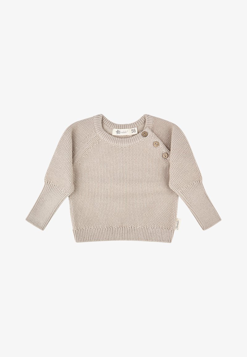 Beige gestrickter Babysweater mit langen Ärmeln, drei Holzknöpfen an der Schulter, gerippten Bündchen und Saum, Größenetikett 56 sichtbar.