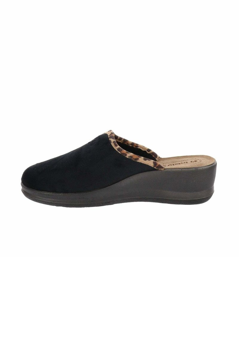 Zoccoli in suede nero con bordatura animalier e superficie testurizzata; presentano un tacco basso a cuneo e una soletta imbottita per il comfort.