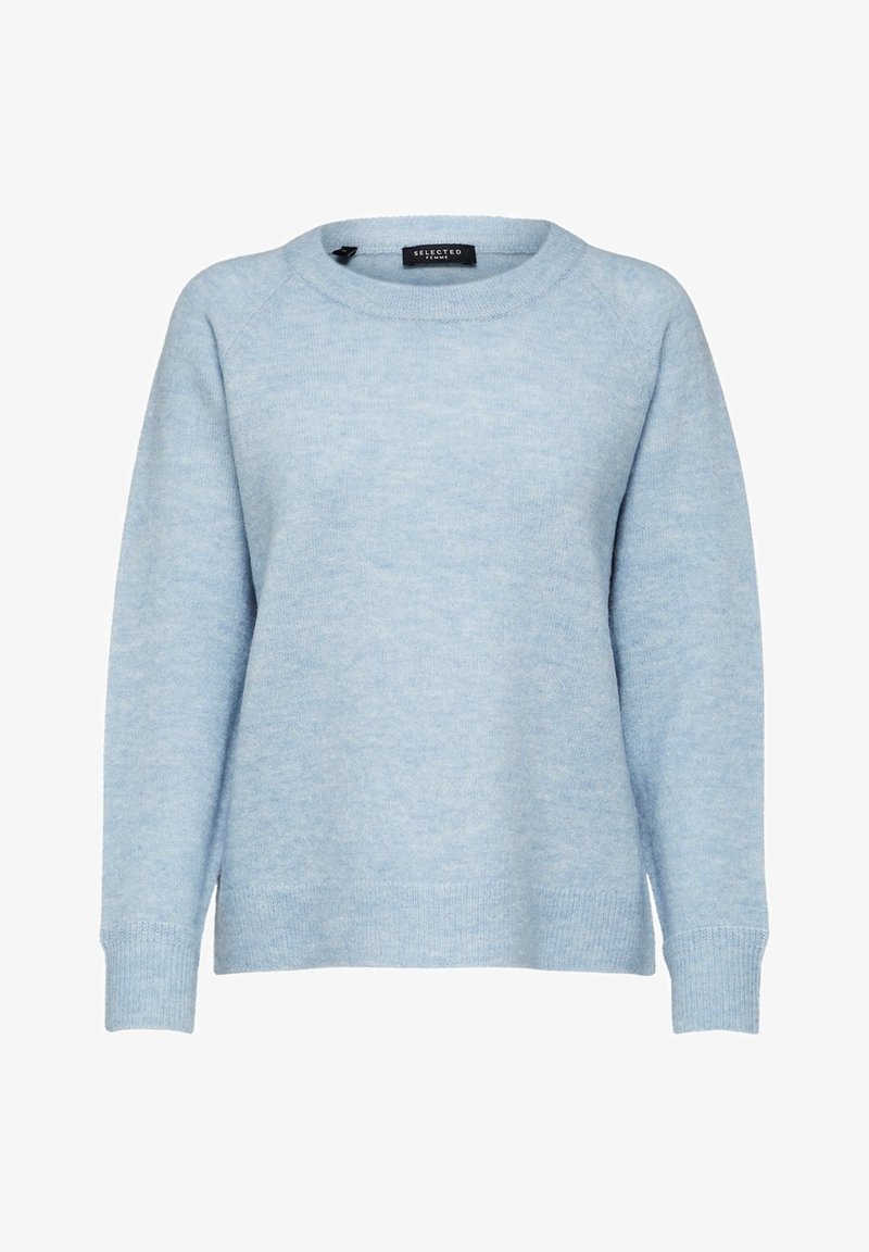 Pull en tricot doux à manches longues de couleur bleu clair, avec un col rond et des poignets et un ourlet côtelés, étiqueté Selected Femme.