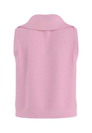 Gilet en tricot rose sans manches avec un large col côtelé rabattable et un ourlet côtelé, vu de dos.