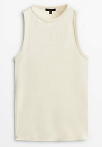 Ärmelloses, cremefarbenes Tanktop aus weicher Stoffqualität, mit Rundhalsausschnitt und glatter Textur, ohne zusätzliche Muster oder Akzente.
