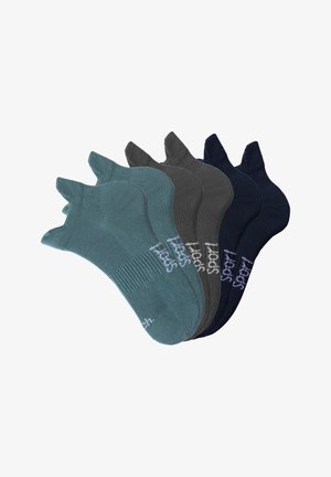Fünf Paar sportliche Knöchelsocken in Türkis, Grau und Marineblau, fächerförmig angeordnet.