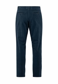 Pantaloni in corduroy blu navy con taglio dritto, dotati di tasche posteriori e superficie testurizzata. Nessun marchio visibile o hardware distintivo.