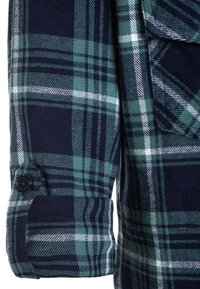 Koszula w kratę w ciemnozielonym i granatowym kolorze, z miękką teksturą, z guzikami przy mankietach oraz kontrastującymi białymi liniami na całym wzorze.