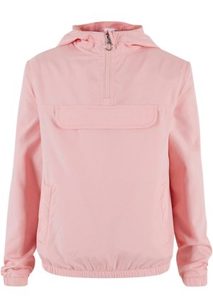Veste à capuche légère rose avec un zip jusqu'à mi-hauteur à l'avant, grande poche avant, poignets et ourlet élastiqués. Tissu lisse avec un design minimaliste.