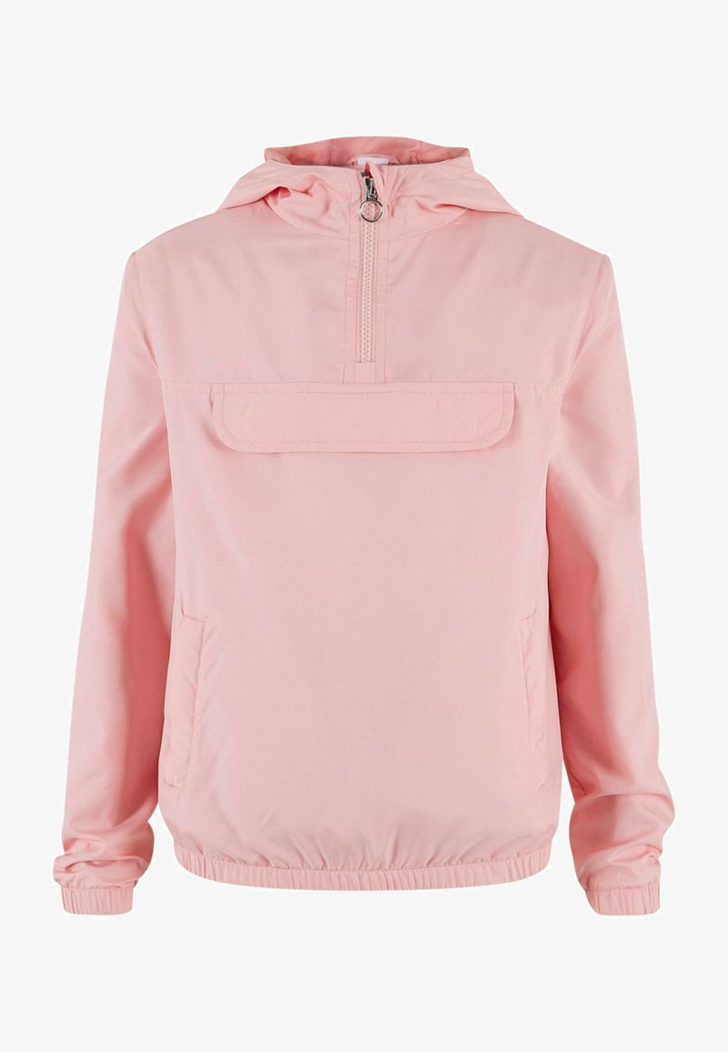 Rosa lett jakke med hette, halv glidelås foran, stor lomma foran, elastiske ermer og nederkant. Glatt stoff med et minimalistisk design.