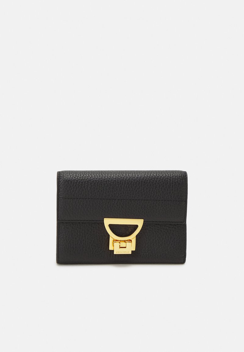 Black leather wallet with textured finish, gold-tone hardware, and a distinctive geometric clasp. Compact and rectangular design.