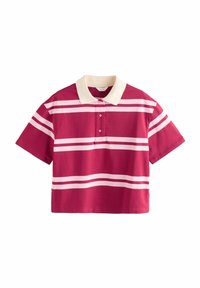 Lühikeste varrukatega polo särk fuksia värvi koos valgete triipudega, eristuva valge krae ja kolme nööbiga, valmistatud puuvillast kangast.