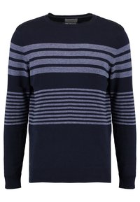 Pull marine avec un motif à rayures horizontales dans différentes nuances de bleu et de gris, col rond, manches longues et ourlet côtelé.