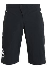Black shorts made of water-resistant material. Feature a zippered pocket and white logo detail on the left side. Knee-length design.