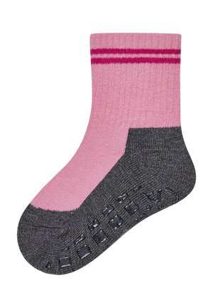 Pink and dark gray ankle sock with two dark pink stripes near the cuff and silicone grip pads on the sole.