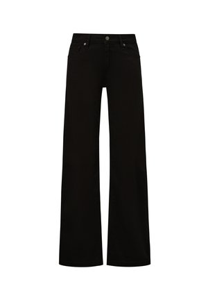 Black high-waist wide-leg jeans with front button and zipper closure, front and back pockets, displayed against a white background.