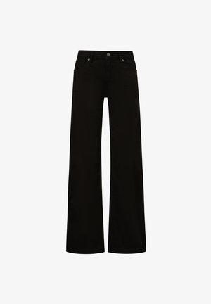 Jean noir à taille haute et jambes larges, avec fermeture avant à boutons et fermeture éclair, poches avant et arrière, présenté sur un fond blanc.