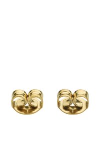 Gold-tone metal earrings featuring a curved, open design with a polished finish and textured grooves for added detail.