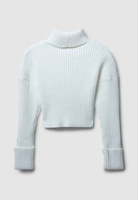 Weißer gerippter Strickpullover mit Stehkragen, langen Ärmeln und umgeschlagenen Bündchen; verkürztes Design mit vertikaler Textur und hohem Kragen.